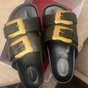 Céline Cowboy buckle boxy flat sandal in black